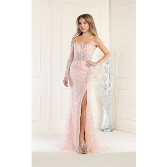 Blush Pageant Long Straight across One Sleeve Sheath Dress By Royal Queen RQ7954 - Picture 1 of 4